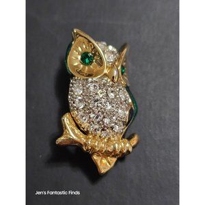 Vintage Emerald Diamond‎ Rhinestones and Gold Toned Owl Brooch